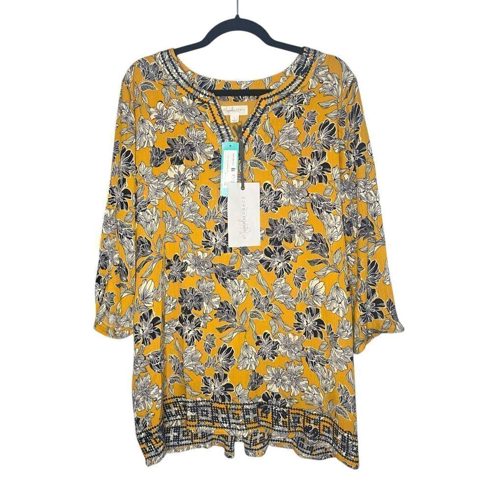 Magnolia Grace Women’s Large Floral Tunic Blouse Embroidered 3/4 Sleeve NEW